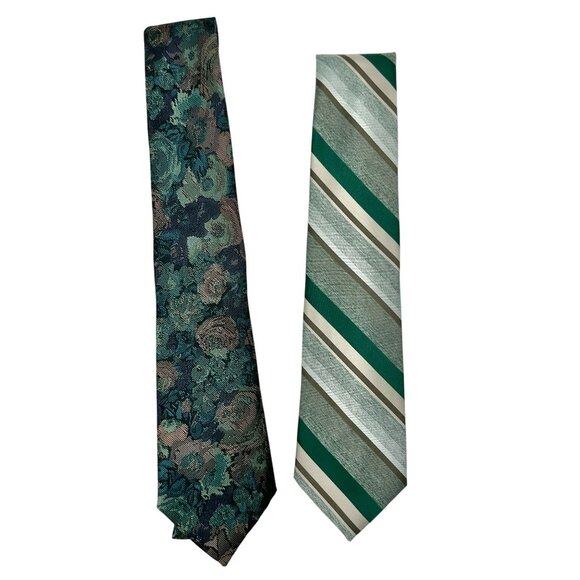 Two Vintage The Kastle Mens Ties Green Floral Striped Polyester Silk 66.5 inches - Picture 1 of 5
